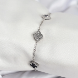 Mey İthalat® 316L Çelik Gümüş Renk Siyah ve Zirkon Taşlı Baby Boy Yonca Kadın Bileklik