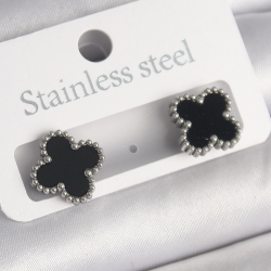 Mey İthalat® 316L Çelik Gümüş Renk Siyah Yonca Model Kadın Küpe