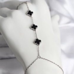 Mey İthalat® 316L Çelik Gümüş Renk Siyah Yonca Model Kadın Şahmeran