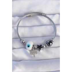 Mey İthalat® 316L Çelik Gümüş Renk Siyah Zirkon Taşlı Yıldız Tasarımlı Ağaç Detay Nazarlı Charm Bileklik