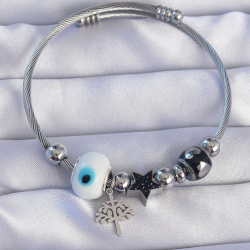 Mey İthalat® 316L Çelik Gümüş Renk Siyah Zirkon Taşlı Yıldız Tasarımlı Ağaç Detay Nazarlı Charm Bileklik