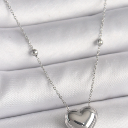 Mey İthalat® 316L Çelik Gümüş Renk Topçuk Detay Zincir Kalp Model Kadın Kolye