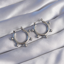 Mey İthalat® 316L Çelik Gümüş Renk Topçuk Tasarımlı Oval Küpe