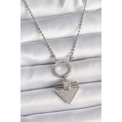 Mey İthalat® 316L Çelik Gümüş Renk Topçuk Zincir Zirkon Taşlı Üçgen Model Kadın Kolye
