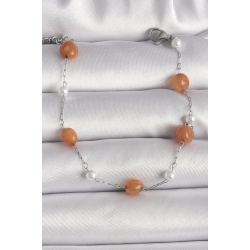 Mey İthalat® 316L Çelik Gümüş Renk Turuncu Doğaltaş Model İnci Detay Kadın Bileklik