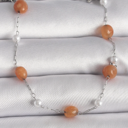 Mey İthalat® 316L Çelik Gümüş Renk Turuncu Doğaltaş Model İnci Detay Kadın Bileklik