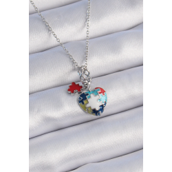 Mey İthalat® 316L Çelik Gümüş Renk Yapboz Motif Kalp Figür Charm Model Kadın Kolye