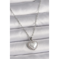 Mey İthalat® 316L Çelik Gümüş Renk Zincir 3D İnci Kalp Model Kadın Kolye