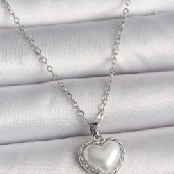 Mey İthalat® 316L Çelik Gümüş Renk Zincir 3D İnci Kalp Model Kadın Kolye