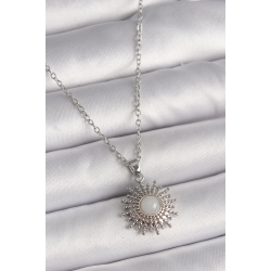 Mey İthalat® 316L Çelik Gümüş Renk Zincir Beyaz Mineli Güneş Model Kadın Kolye