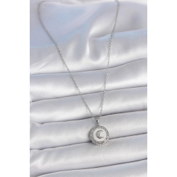 Mey İthalat® 316L Çelik Gümüş Renk Zincir Beyaz Mineli Hilal İşlemeli Madalyon Model Kadın Kolye