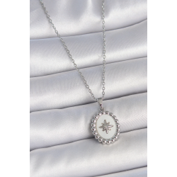 Mey İthalat® 316L Çelik Gümüş Renk Zincir Beyaz Mineli Kutup Yıldız İşlemeli Madalyon Model Kadın Kolye