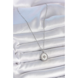 Mey İthalat® 316L Çelik Gümüş Renk Zincir Beyaz Mineli Kutup Yıldız İşlemeli Madalyon Model Kadın Kolye