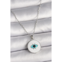 Mey İthalat® 316L Çelik Gümüş Renk Zincir Beyaz Mineli Turkuaz Göz İşleme Model Kadın Kolye