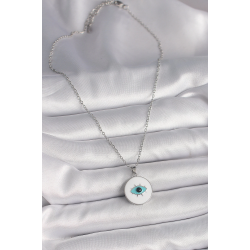 Mey İthalat® 316L Çelik Gümüş Renk Zincir Beyaz Mineli Turkuaz Göz İşleme Model Kadın Kolye