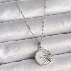 Mey İthalat® 316L Çelik Gümüş Renk Zincir Beyaz Sedefli Gün Batımı Model Kadın Kolye