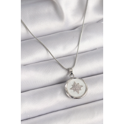 Mey İthalat® 316L Çelik Gümüş Renk Zincir Beyaz Sedefli Zirkon Taşlı Yıldız İşleme Model Kadın Kolye