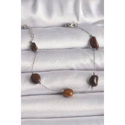 Mey İthalat® 316L Çelik Gümüş Renk Zincir Kahverengi Doğaltaş Model Kadın Bileklik