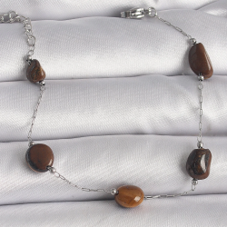 Mey İthalat® 316L Çelik Gümüş Renk Zincir Kahverengi Doğaltaş Model Kadın Bileklik