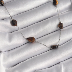 Mey İthalat® 316L Çelik Gümüş Renk Zincir Kahverengi Doğaltaş Model Kadın Kolye