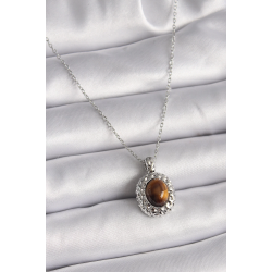 Mey İthalat® 316L Çelik Gümüş Renk Zincir Kehribar Boncuk Model Kadın Kolye