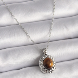 Mey İthalat® 316L Çelik Gümüş Renk Zincir Kehribar Boncuk Model Kadın Kolye