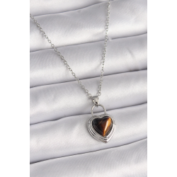 Mey İthalat® 316L Çelik Gümüş Renk Zincir Kilit Kalp Kehribar Boncuk Model Kadın Kolye