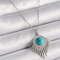 Mey İthalat® 316L Çelik Gümüş Renk Zincir Mavi Boncuklu Zirkon Taşlı Kadın Kolye