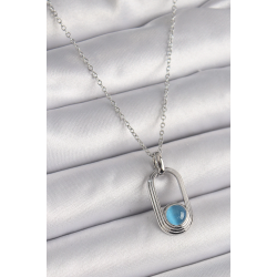 Mey İthalat® 316L Çelik Gümüş Renk Zincir Mavi Kedi Göz Model Kadın Kolye