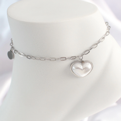 Mey İthalat® 316L Çelik Gümüş Renk Zincir Model 3D Kalp Beyaz Kalp Figür Kadın HalHal