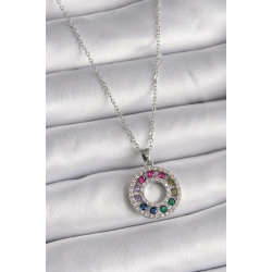 Mey İthalat® 316L Çelik Gümüş Renk Zincir Renkli Zirkon Taşlı Madalyon Model Kadın Kolye
