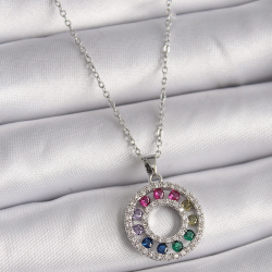 Mey İthalat® 316L Çelik Gümüş Renk Zincir Renkli Zirkon Taşlı Madalyon Model Kadın Kolye