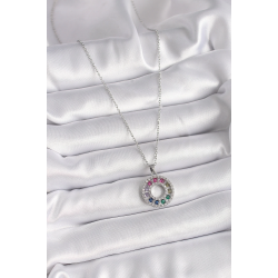 Mey İthalat® 316L Çelik Gümüş Renk Zincir Renkli Zirkon Taşlı Madalyon Model Kadın Kolye