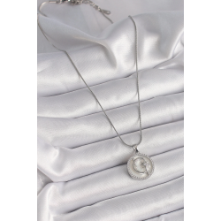 Mey İthalat® 316L Çelik Gümüş Renk Zincir Zirkon Taş Detaylı Beyaz Sedefli Ay Yıldız İşleme Kadın Kolye