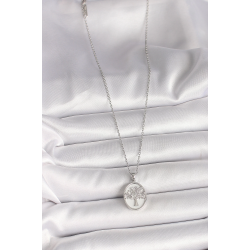 Mey İthalat® 316L Çelik Gümüş Renk Zincir Zirkon Taş İşlemeli Beyaz Mineli Ağaç İşlemeli Portre Model Kadın Kolye