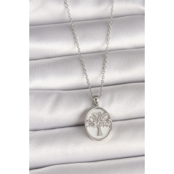 Mey İthalat® 316L Çelik Gümüş Renk Zincir Zirkon Taş İşlemeli Beyaz Mineli Ağaç İşlemeli Portre Model Kadın Kolye