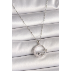 Mey İthalat® 316L Çelik Gümüş Renk Zincir Zirkon Taşlı Ay Yıldız Model Sonsuzluk Detay Kadın Kolye