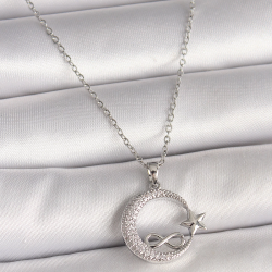 Mey İthalat® 316L Çelik Gümüş Renk Zincir Zirkon Taşlı Ay Yıldız Model Sonsuzluk Detay Kadın Kolye