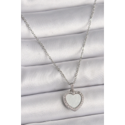 Mey İthalat® 316L Çelik Gümüş Renk Zincir Zirkon Taşlı Beyaz Mineli Kalp Model Kadın Kolye