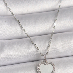 Mey İthalat® 316L Çelik Gümüş Renk Zincir Zirkon Taşlı Beyaz Mineli Kalp Model Kadın Kolye