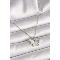 Mey İthalat® 316L Çelik Gümüş Renk Zincir Zirkon Taşlı Beyaz Mineli Kelebek Model Kadın Kolye