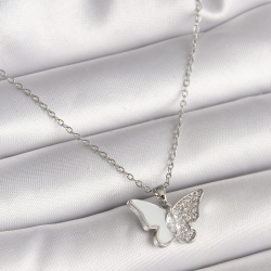 Mey İthalat® 316L Çelik Gümüş Renk Zincir Zirkon Taşlı Beyaz Mineli Kelebek Model Kadın Kolye