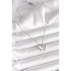 Mey İthalat® 316L Çelik Gümüş Renk Zincir Zirkon Taşlı Beyaz Mineli Kelebek Model Kadın Kolye