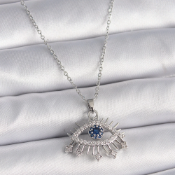 Mey İthalat® 316L Çelik Gümüş Renk Zincir Zirkon Taşlı Göz Model Kadın Kolye