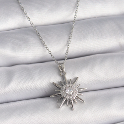 Mey İthalat® 316L Çelik Gümüş Renk Zincir Zirkon Taşlı Güneş Model Kadın Yüzük