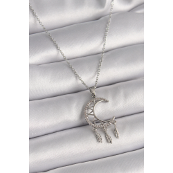 Mey İthalat® 316L Çelik Gümüş Renk Zincir Zirkon Taşlı Hilal Model Sallantı Yaprak Detay Kadın Kolye