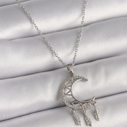 Mey İthalat® 316L Çelik Gümüş Renk Zincir Zirkon Taşlı Hilal Model Sallantı Yaprak Detay Kadın Kolye