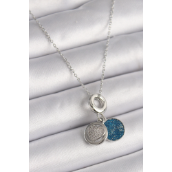 Mey İthalat® 316L Çelik Gümüş Renk Zincir Zirkon Taşlı İşleme Mavi Simli Kadın Kolye