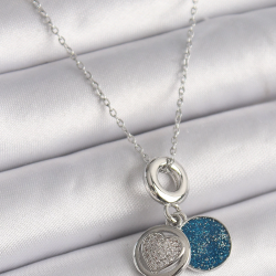 Mey İthalat® 316L Çelik Gümüş Renk Zincir Zirkon Taşlı İşleme Mavi Simli Kadın Kolye