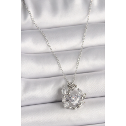 Mey İthalat® 316L Çelik Gümüş Renk Zincir Zirkon Taşlı Kalp Figür Gül Detay Kadın Kolye